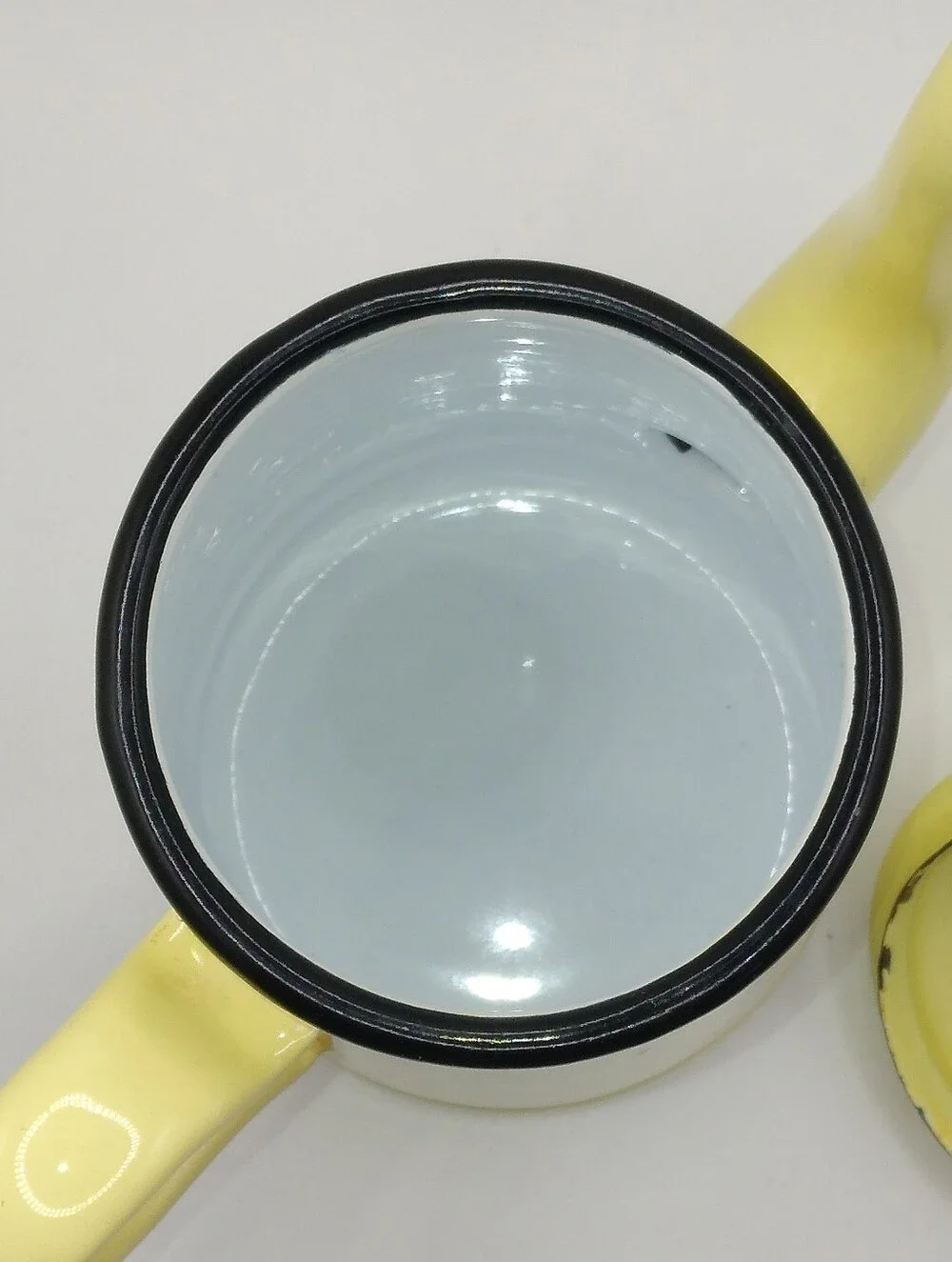 Vintage Yellow Enamelware Coffee Pot, 6 Inches, Bakelite Knob, Black Trim, READ